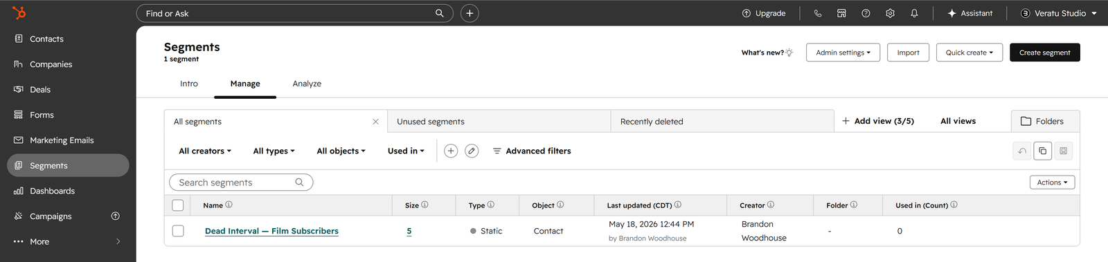 HubSpot segments page